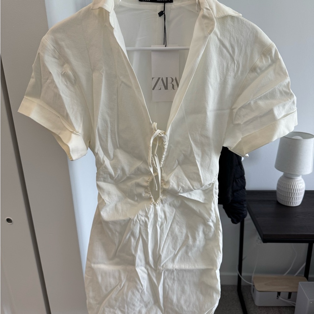 Zara White Dress with Notched Collar and Tie Front